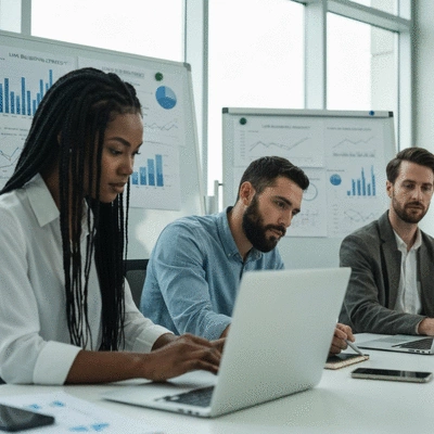 Team of marketers collaborating on a link building strategy in a modern office