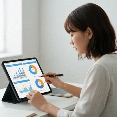 Person analyzing data on a tablet with charts and graphs, representing successful outreach metrics