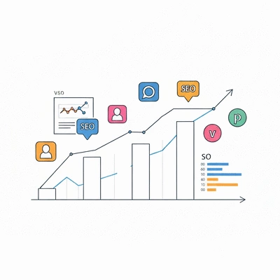 A growth chart showing an upward trend, with digital marketing elements like social media icons and SEO keywords, no text, no words, no typography, clean image