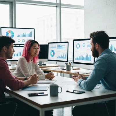 Team collaborating on data analysis, ethical SEO, and user experience, no text, clean image