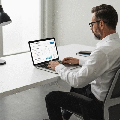 Person using a laptop with SEO metrics on screen, representing backlink analysis