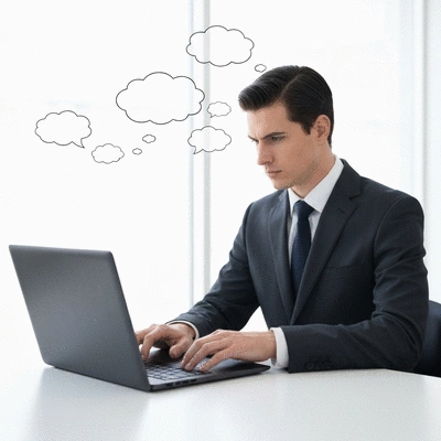 Person typing on a laptop with several thought bubbles representing increased exposure, authority, and traffic