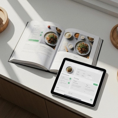 Cookbook and tablet displaying recipe with schema markup elements highlighted