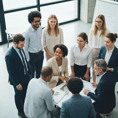 Diverse group of professionals collaborating in a modern office, symbolizing successful outreach and networking