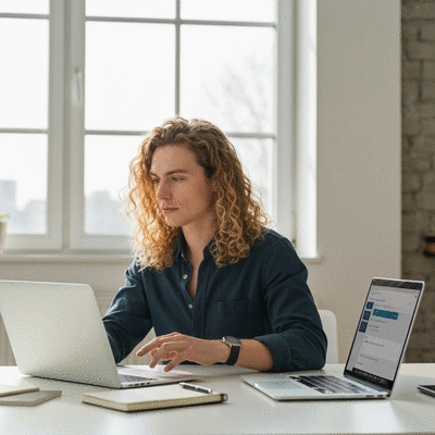 Person interacting with a link building automation tool on a laptop