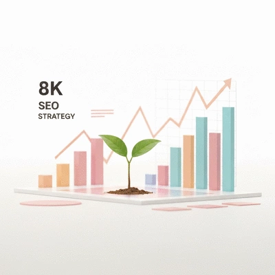 A visual metaphor for SEO strategy leading to sustainable growth, with graphs and a growing plant