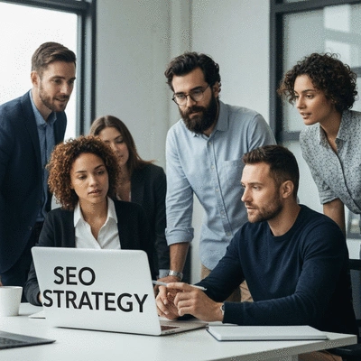 Professional team collaborating on SEO strategy, illustrating clear communication and teamwork.