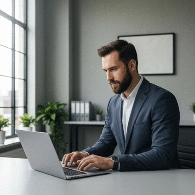 Professional demonstrating ethical link building strategies on a laptop, with a clean and modern office background, no text, no words, no typography, 8K