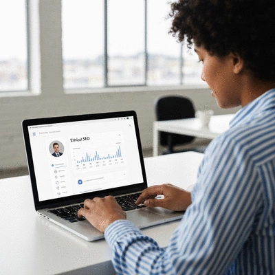 Person using a laptop with a clean, modern ethical SEO dashboard