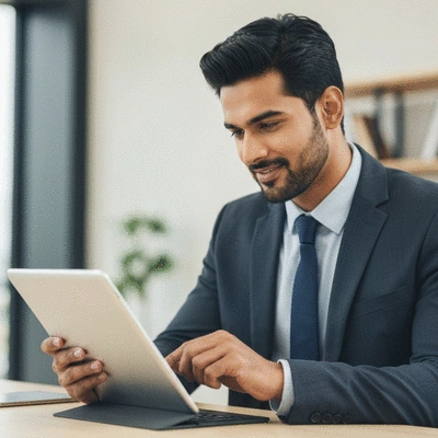Professional communicating via email on a tablet