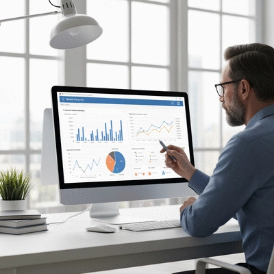 Person analyzing backlink data on a computer screen with charts and graphs
