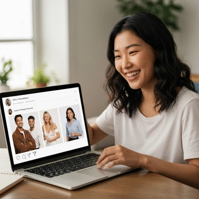 Person using a laptop with social media influencers on screen, representing micro-influencer collaboration