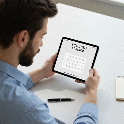 Person reviewing an ethical SEO checklist on a tablet
