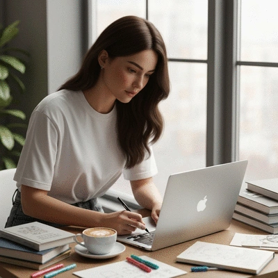 Blogger writing on a laptop with a coffee, showing engagement and creativity