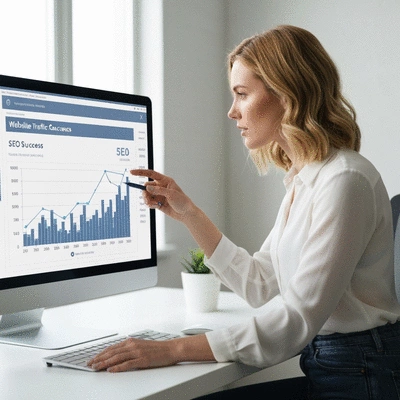 Person analyzing a graph showing website traffic growth, symbolizing SEO success