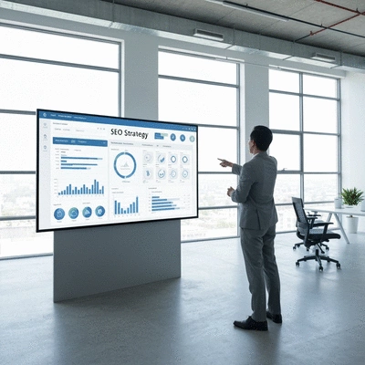 Close-up of a person's hand pointing at a laptop screen displaying a detailed SEO strategy dashboard with various metrics and data visualizations
