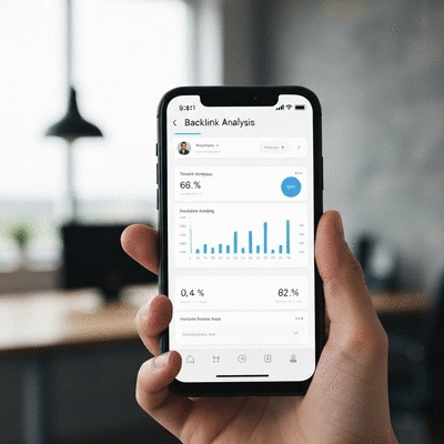 Hand holding a smartphone displaying a backlink analysis app, with blurred office background.
