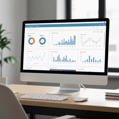 Data analytics dashboard on a computer screen, showing charts and graphs related to website traffic and SEO metrics, clean office setting, no text, no words, no typography, clean image