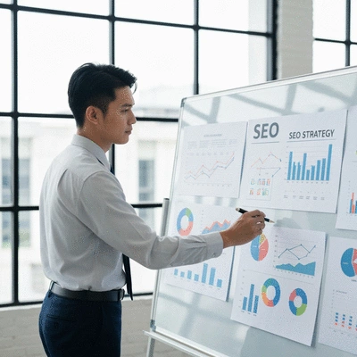 Person planning SEO strategy on a whiteboard with charts and graphs, no text, no words, no typography, clean image