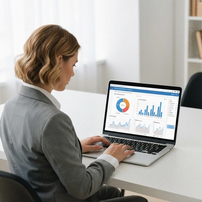 Person using a laptop to analyze backlink data, showing charts and graphs on screen.