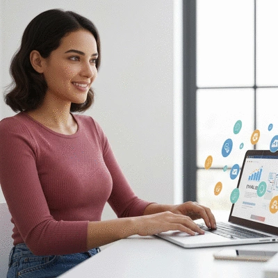 Person using a laptop with icons representing ethical SEO and user experience, clean image