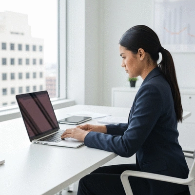 Person using a laptop to respond to HARO queries, clean desk, bright office environment, no text, no words, no typography, clean image