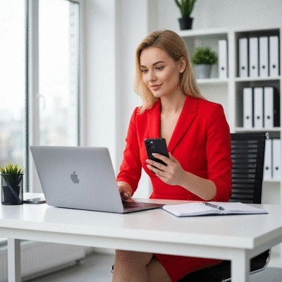 Person using a laptop and smartphone, illustrating consistent engagement and providing value, set in a modern office environment, no text, no words, no typography, clean image