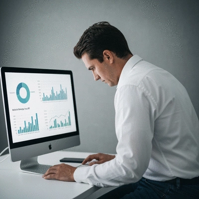 A person analyzing data visualizations and charts on a computer screen, representing backlink strategy evaluation and ROI, clean office environment, no text, no words, no typography, 8K