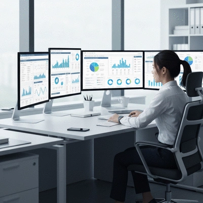Digital marketer analyzing data on multiple screens, showing analytics and strategy