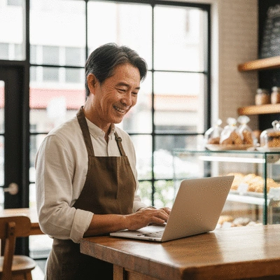 Happy small business owner checking local SEO results on a laptop, no text, no words, no typography, clean image