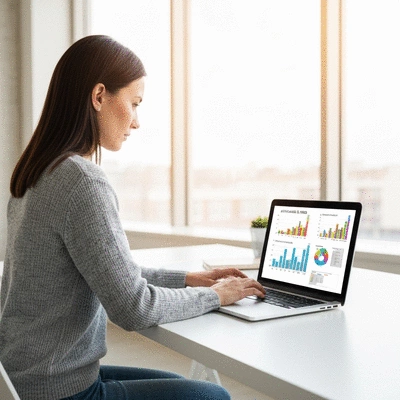 Person using a laptop with SEO metrics on screen, representing ethical link building strategies