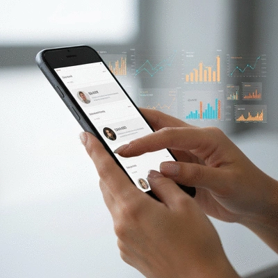 Close-up of a person's hands holding a smartphone, scrolling through social media, with a subtle background of digital marketing metrics, no text, no words, no typography, clean image