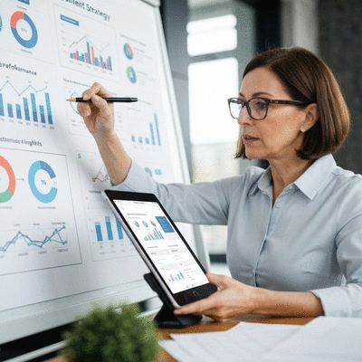 Person creating content strategy on a whiteboard or digital tablet, with various data points and analytics visible, bright and collaborative setting, no text, no words, no typography, 8K