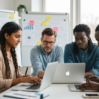 Diverse team collaborating on a digital marketing strategy, with laptops and whiteboards, representing continuous learning and industry insights