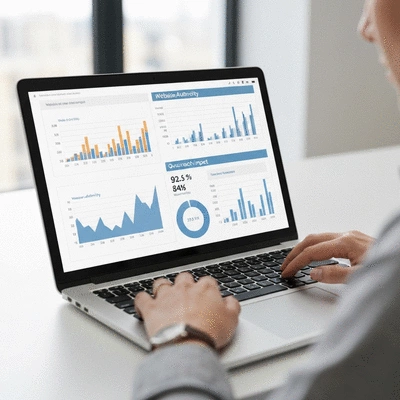 Person using a laptop with graphs and charts on screen, illustrating website authority metrics through outreach campaigns