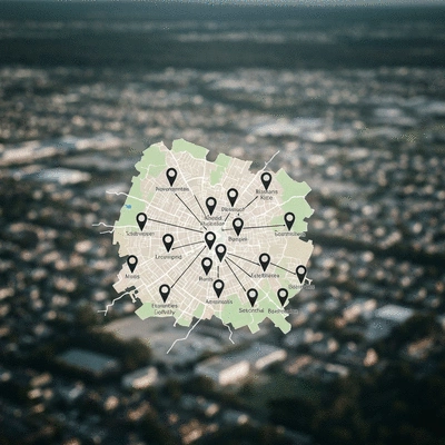 Local map with pinpoints showing business locations and connections