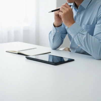 Person planning an email outreach strategy using a digital tablet and a notebook.