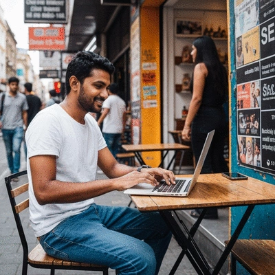 Person using a laptop with various search engine optimization (SEO) related graphs and charts on the screen, symbolizing backlink analysis and strategy