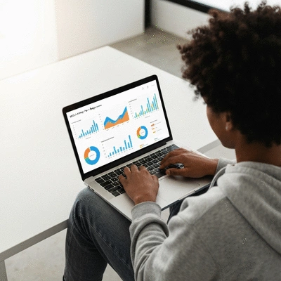 Person analyzing SEO metrics on a laptop with charts and graphs, representing backlink strategy for beginners