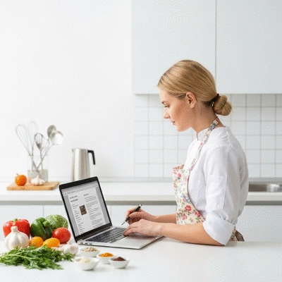 Chef adding schema markup to a recipe blog post on a laptop