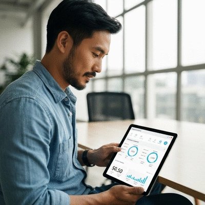 Person using a tablet to monitor website analytics and backlink performance, illustrating organic growth