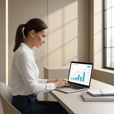 Professional looking at a laptop with a graph showing increasing website traffic