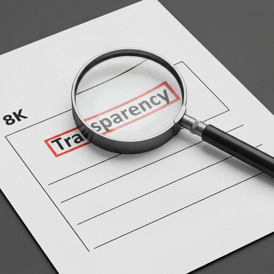 Illustration of a magnifying glass over a document with 'Transparency' highlighted, symbolizing ethical SEO principles.