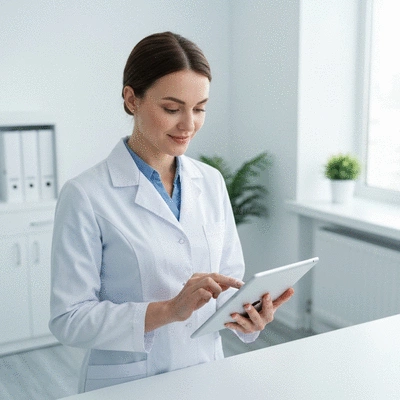 Healthcare professional using a tablet to manage patient data, showcasing digital tools in a clean medical office environment