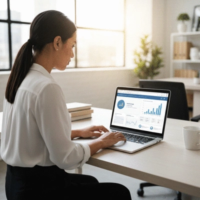 Person using a laptop to research unlinked brand mentions