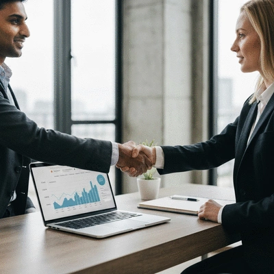 Two business people shaking hands over a laptop displaying website analytics, symbolizing building trust in SEO