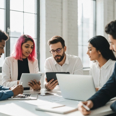 Diverse group of people collaborating on a digital marketing project, representing influencer and brand partnership, no text, no words, no typography, clean image