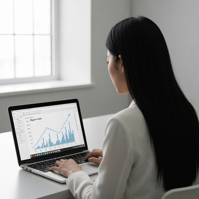 Person using a laptop with a graph showing increasing organic traffic, representing scalable link building